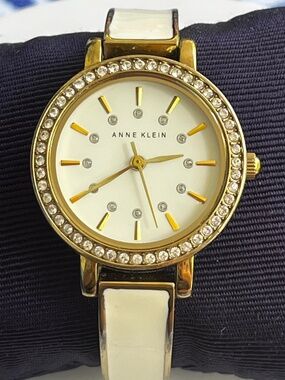 Anne Klein Gold white enamel & rhinestones watch new battery